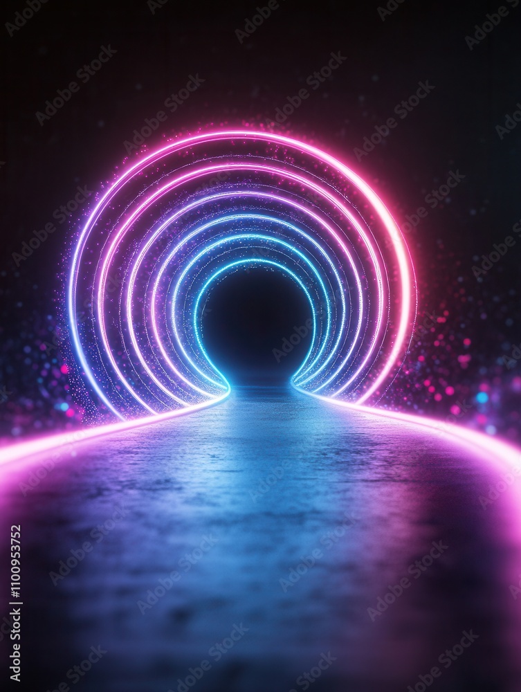 Poster a vibrant, glowing tunnel with concentric circles in pink and blue, leading into darkness, creating 