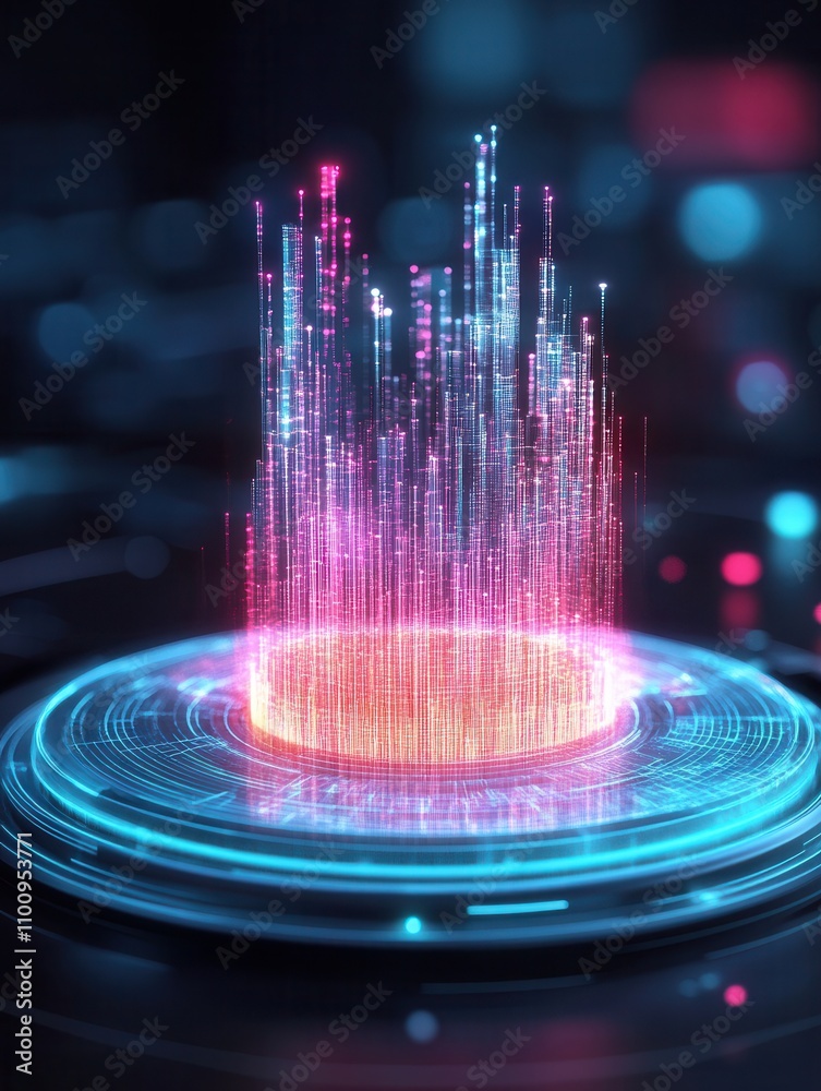 Poster A vibrant digital display features radiant vertical lines in pink and blue, emanating from a glowing circular base, suggesting advanced technology and data visualization.