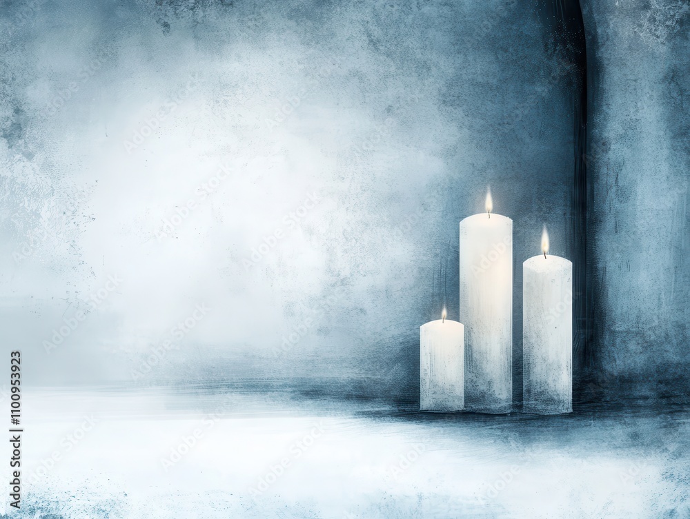 Poster soft blue background with three white candles, creating a calm and serene ambiance.