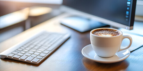 Modern Office Desk with Coffee and Keyboard in Sunlight

