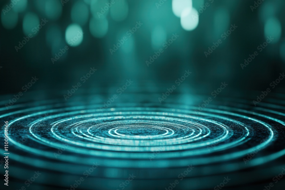 Poster a serene close-up image of rippling water, showcasing circular waves against a blurred turquoise bac