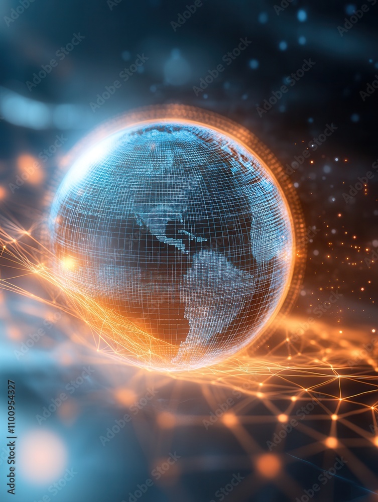Poster a futuristic digital globe surrounded by glowing lines, representing global connectivity and technol