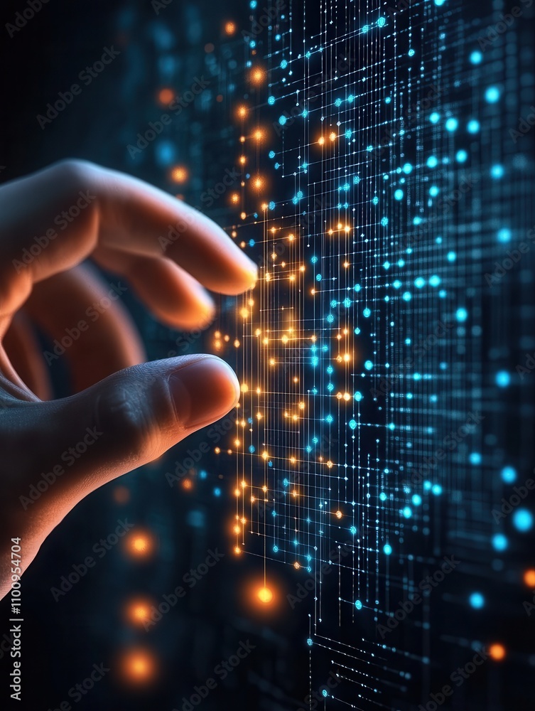 Poster A hand reaches toward a digital interface filled with glowing blue and orange data points, symbolizing technology and connectivity.
