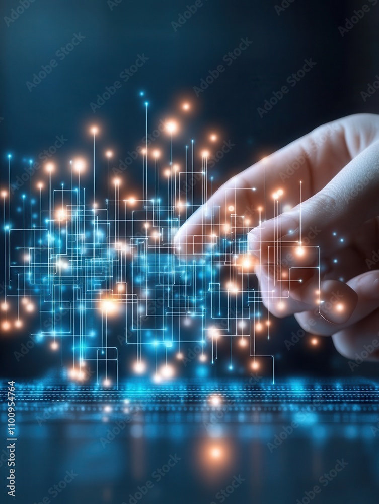 Poster a hand reaching towards a glowing digital interface, symbolizing technology, connection, and innovat