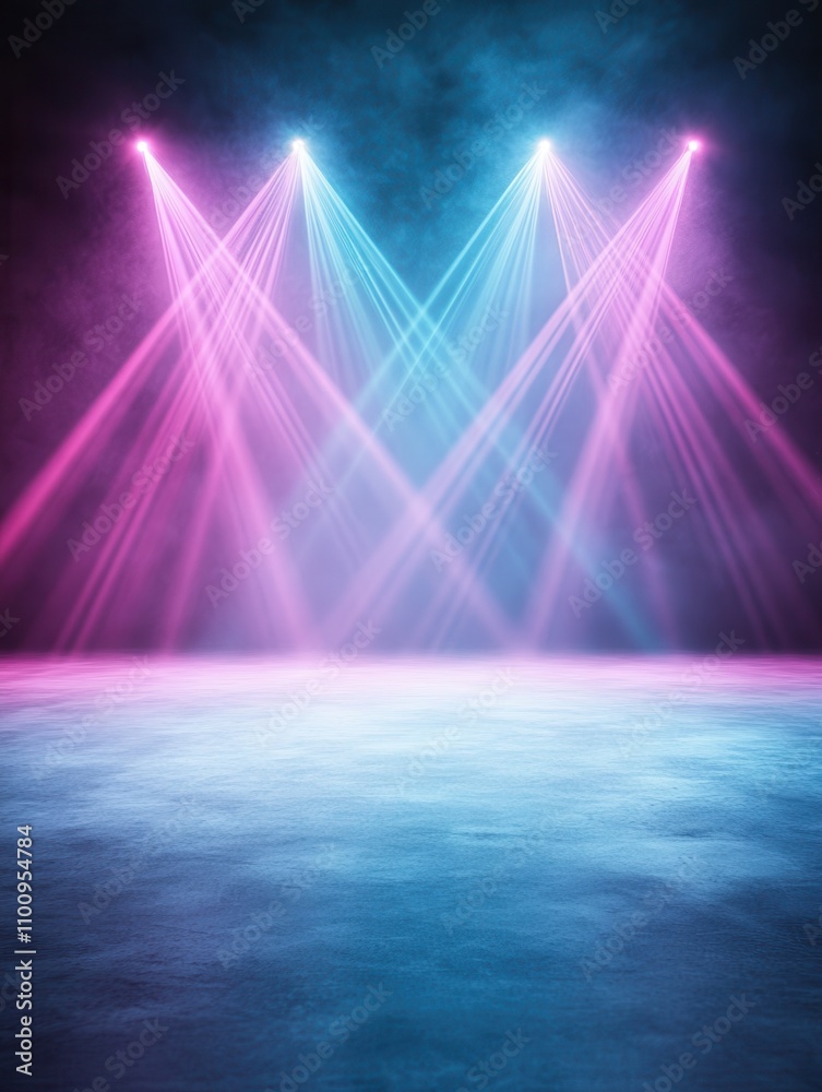 Poster a vibrant stage scene with pink and blue lights illuminating a foggy background, creating a dynamic 