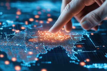 A close-up view of a hand interacting with a digital map, highlighting data points and connections in a futuristic, illuminated environment.