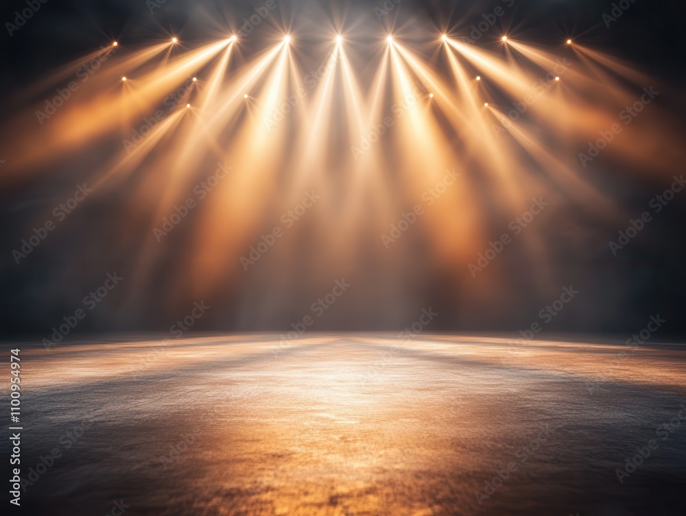 Poster a dimly lit stage with warm spotlight beams illuminating a polished floor, creating an inviting atmo