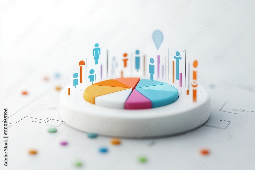 Poster A colorful pie chart surrounded by icons representing data analysis, statistics, and demographics, illustrating insights and trends visually.