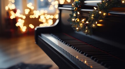 A piano with a wreath of Christmas lights hanging from it