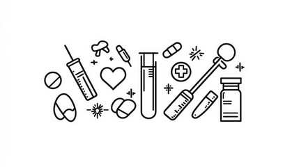 Fototapeta premium Medical and Healthcare Icons with Test Tubes, Pills, and Syringes