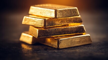 A stack of pristine gold bars under warm, soft lighting, reflecting