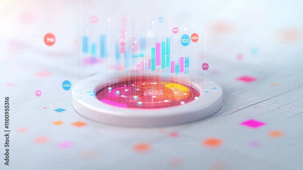 Aufkleber A colorful, futuristic interface displaying vibrant data visualizations emerging from a circular base on a light background.