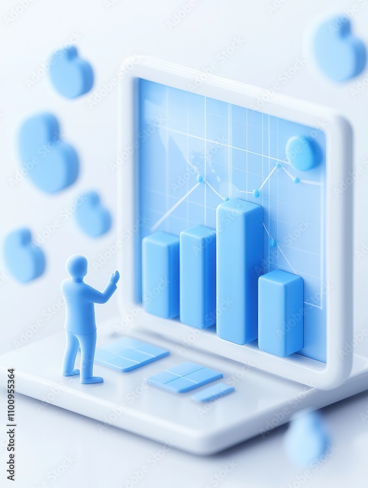 Poster A 3D representation features a figure analyzing a blue graph on a computer screen, symbolizing data analysis and growth.