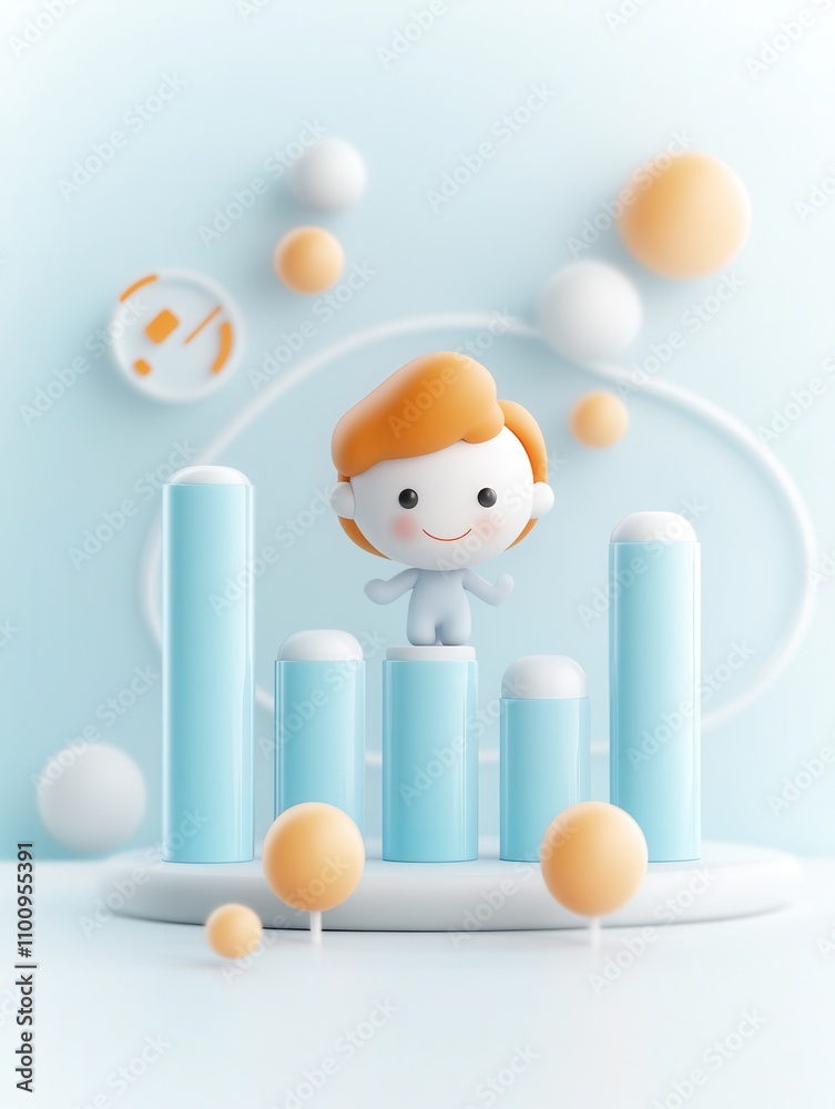 Poster a cheerful character stands on colorful bars against a soft background, representing growth and prog