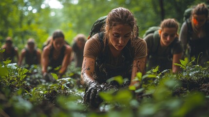A group of women in camouflage gear crawl through mud during an obstacle course in a forest.