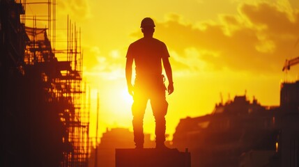 The silhouette of a worker overlaid with backlighting on the construction pattern shows power and dedication