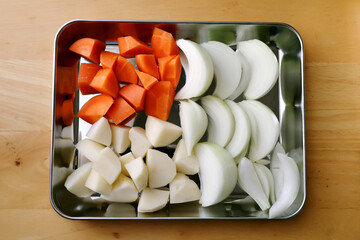 Carrot, Onion, and Potato Preparation in Stainless Steel Vat