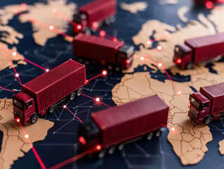 Obraz premium Red trucks on world map symbolize global logistics and transportation networks, highlighting interconnectedness of international trade routes and supply chain management