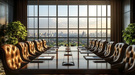An elegant boardroom with a long table leather chairs and a city view