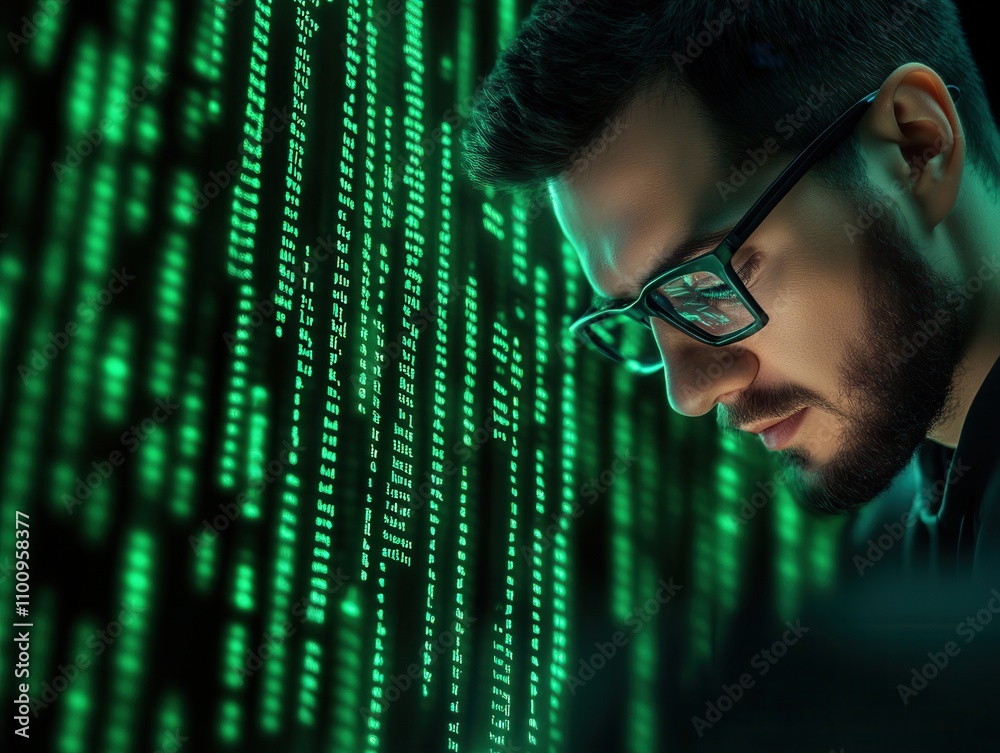 Poster a focused individual analyzes green code on a digital display, embodying themes of technology, data,