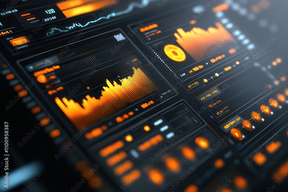 Aufkleber A sleek, modern digital dashboard displaying vibrant orange data visualizations, graphs, and metrics on a dark background.