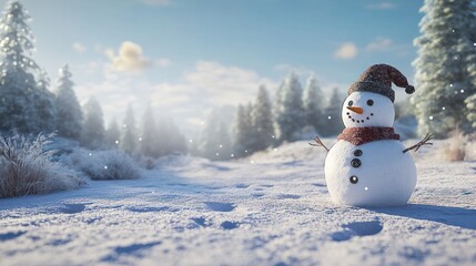 Fototapeta premium Cheerful snowman in a snowy winter landscape