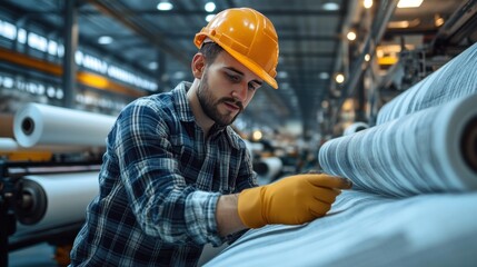 Workers inspecting and measuring fabric rolls for quality control in a bright textile production facility
