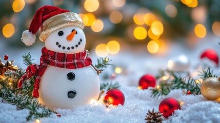 Obraz premium Cheerful snowman in a winter landscape with festive decorations spreading holiday joy and greetings for Christmas and New Year celebrations