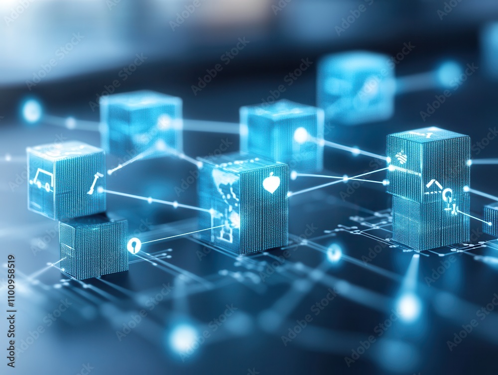 Poster A digital representation of interconnected blocks, symbolizing blockchain technology and data connectivity in a futuristic setting.