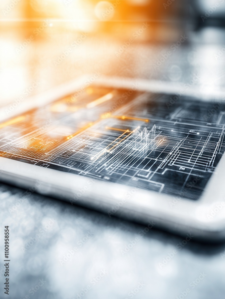 Aufkleber A close-up of a tablet displaying a digital interface with circuit patterns, symbolizing technology and innovation in a modern setting.