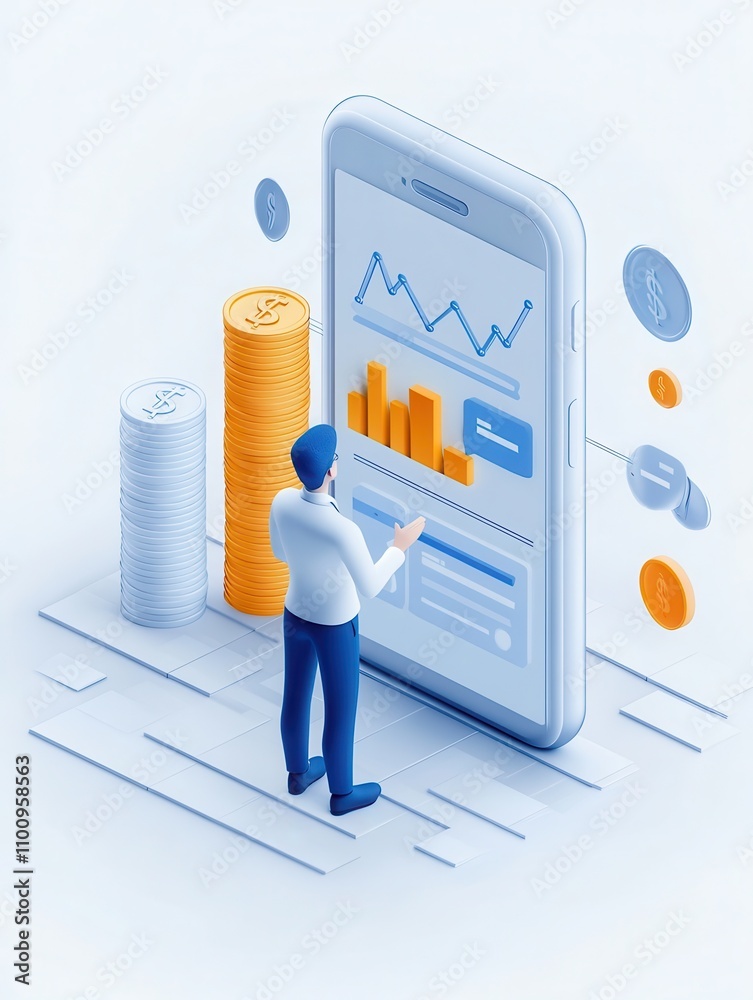Poster a person analyzes financial data on a smartphone, with charts and coins representing investment and 