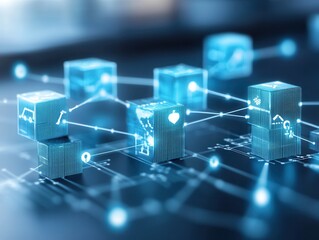 A digital representation of interconnected blocks, symbolizing blockchain technology and data connectivity in a futuristic setting.
