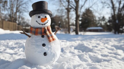 Obraz premium Cheerful snowman standing in a winter wonderland , snow, winter, holiday, decoration, festive, carrot nose, top hat, scarf