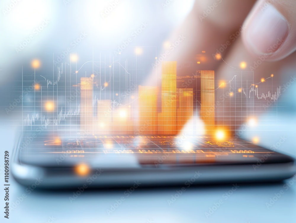 Aufkleber A finger interacts with a smartphone displaying digital graphs and data visualizations, representing technology and analytics.