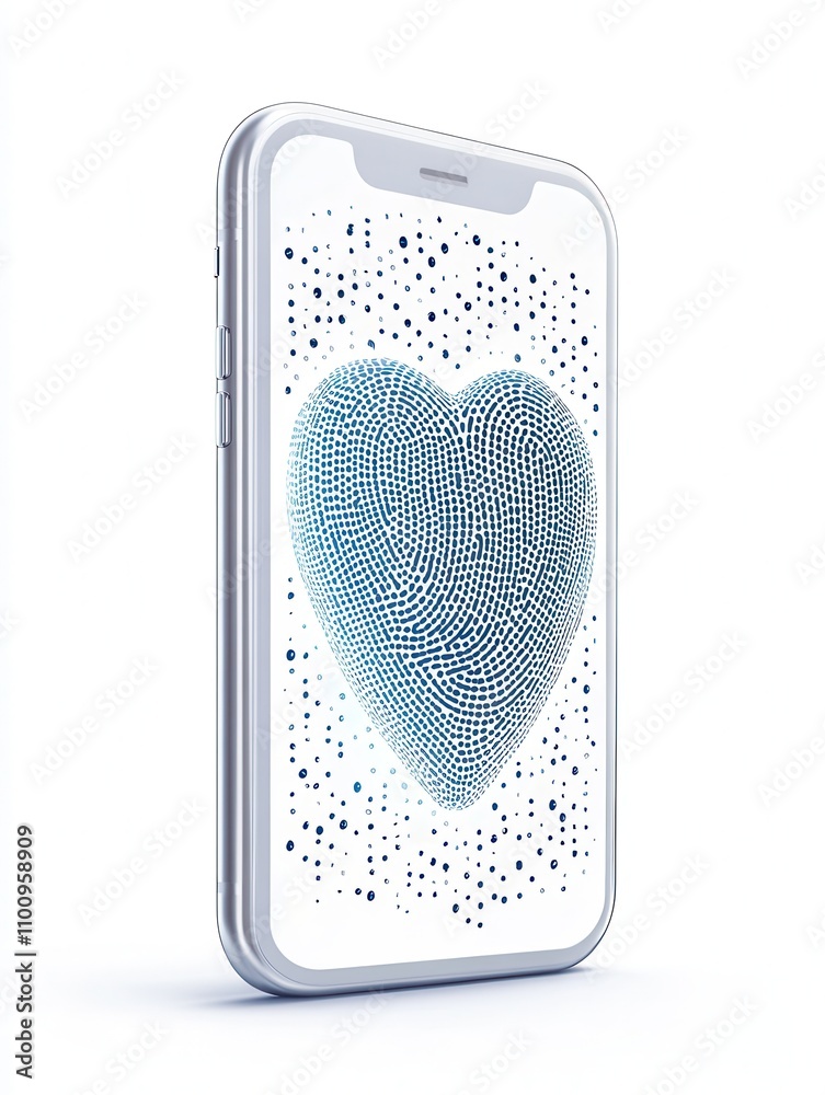 Poster a smartphone displays a blue heart composed of dots, symbolizing love and connection through technol