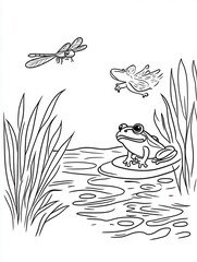 A Frog Dragonfly and Tadpole Near Pond Grass