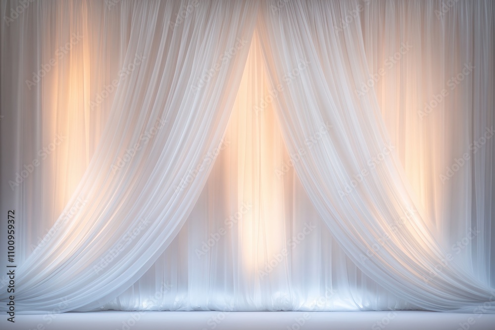 Poster A soft, illuminated backdrop featuring flowing white drapes, creating an elegant atmosphere perfect for events or photography.