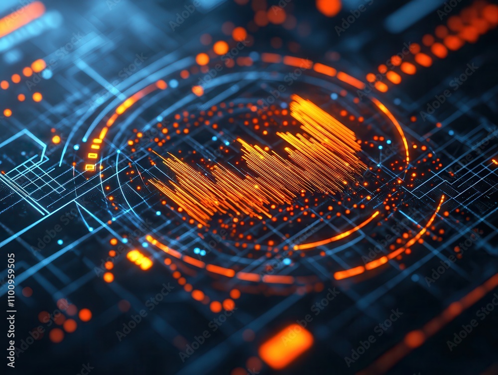 Poster A vibrant, abstract digital visualization showcasing sound waves and data patterns in orange and blue hues against a dark background.