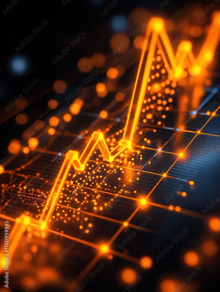 Poster A glowing, abstract representation of a rising graph with orange lines and dots, symbolizing growth and data analysis.