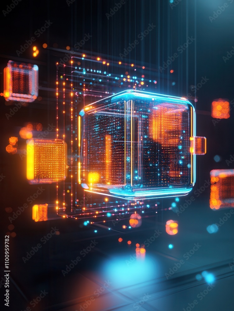 Aufkleber A futuristic, glowing cube surrounded by vibrant digital elements and patterns, representing advanced technology and data visualization.