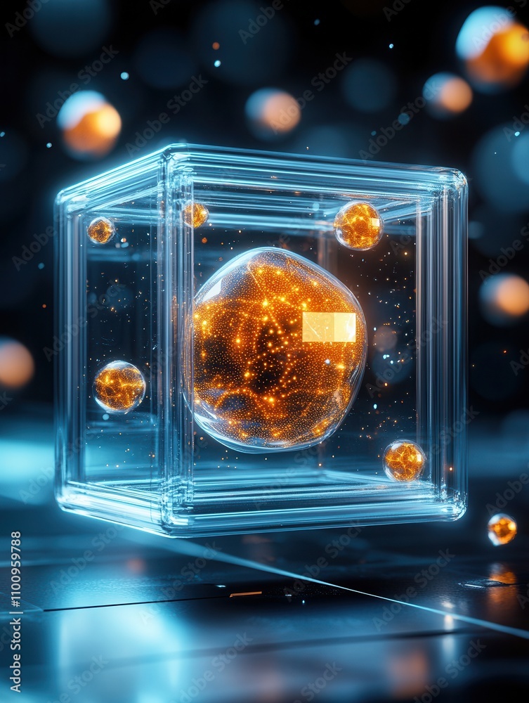 Poster a futuristic, glowing cube encapsulating a vibrant sphere, surrounded by luminous orbs against a dar