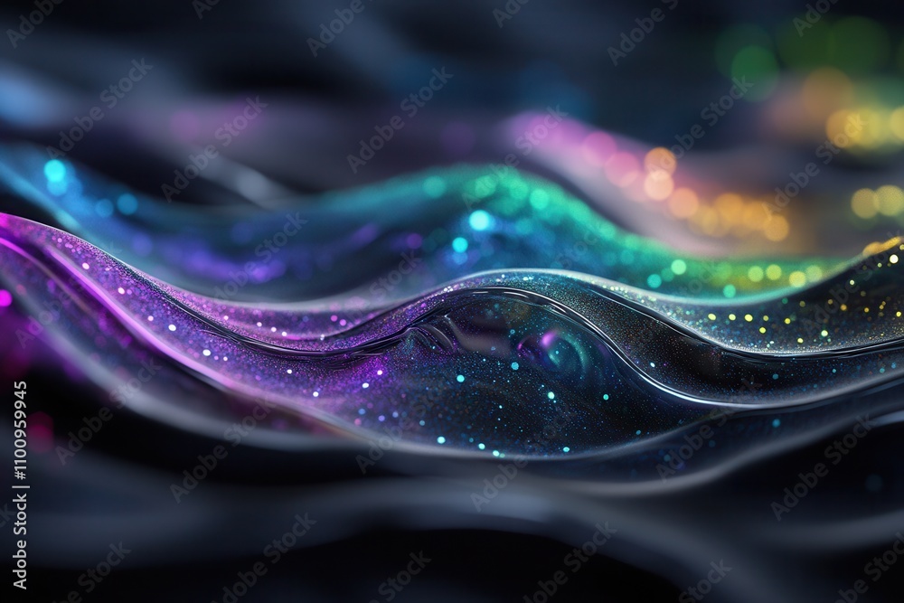 Poster A mesmerizing abstract image of colorful, shimmering waves, showcasing vibrant hues against a dark backdrop, creating a sense of depth and fluidity.