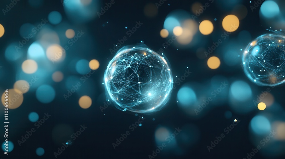 Poster a mesmerizing digital depiction of glowing spheres interconnected by networks, set against a soft-fo