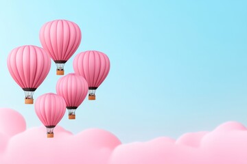 Obraz premium A cheerful depiction of hot air balloons floating across a clean sky blue horizon, drawn in soft pastel colors