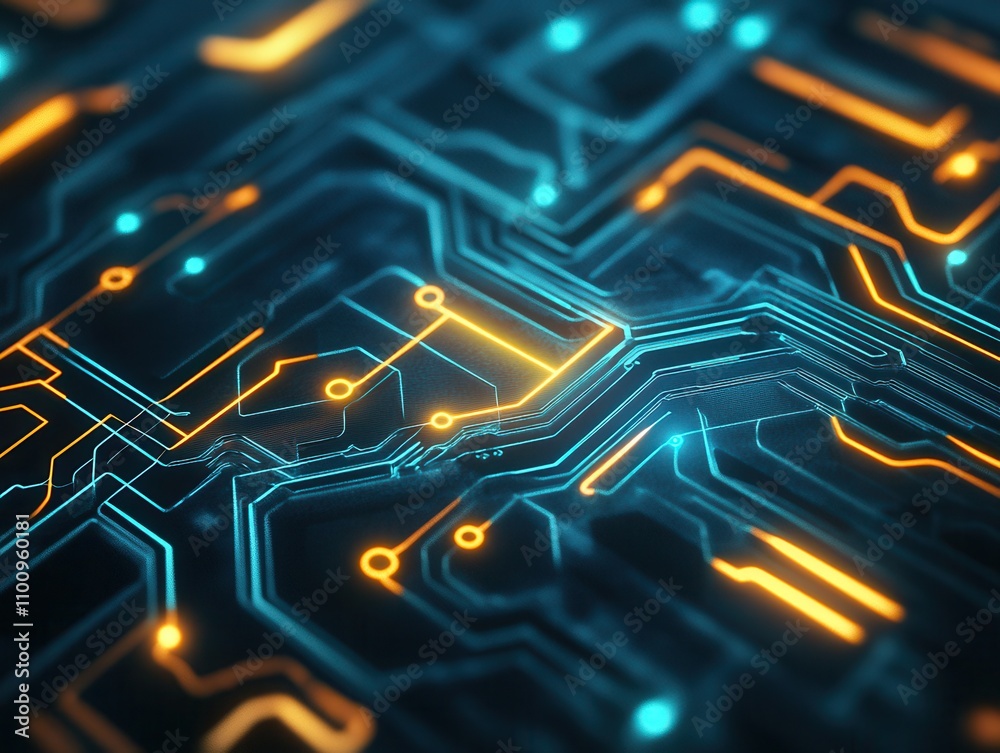 Poster a vibrant circuit board design featuring glowing lines and nodes, showcasing a futuristic technology