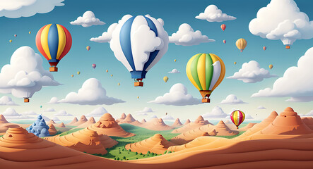Fototapeta premium A whimsical depiction of a hot air balloon made from paper cut-outs, floating over layered paper hills and clouds, evoking a sense of adventure and serenity.