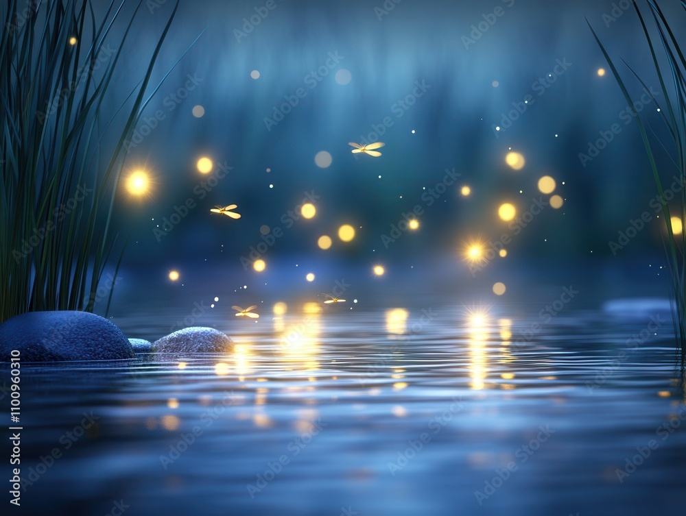 Poster a serene scene of glowing fireflies dancing above a tranquil water surface, surrounded by soft grass
