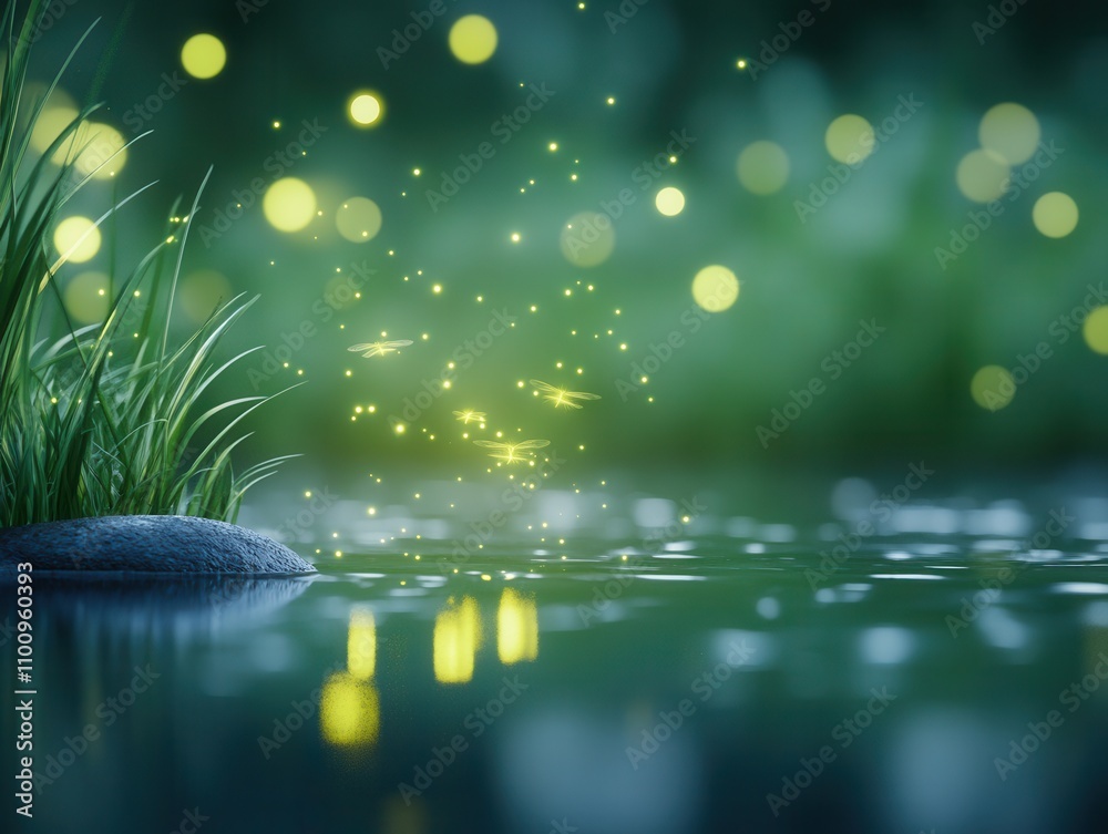 Poster A serene scene featuring glowing orbs of light reflecting on a calm water surface, surrounded by lush grass and a stone, creating a magical atmosphere.