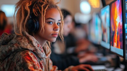 Obraz premium A young woman with dreadlocks and headphones is focused on her work at a computer.