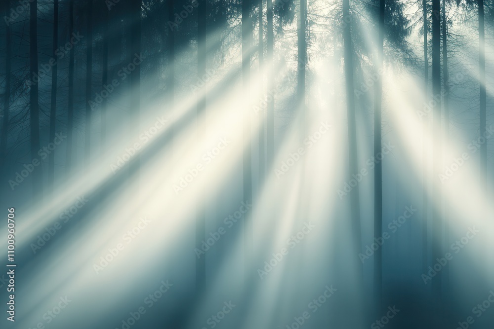 Poster A serene forest scene with soft, diffused light filtering through trees, creating a tranquil and ethereal atmosphere.